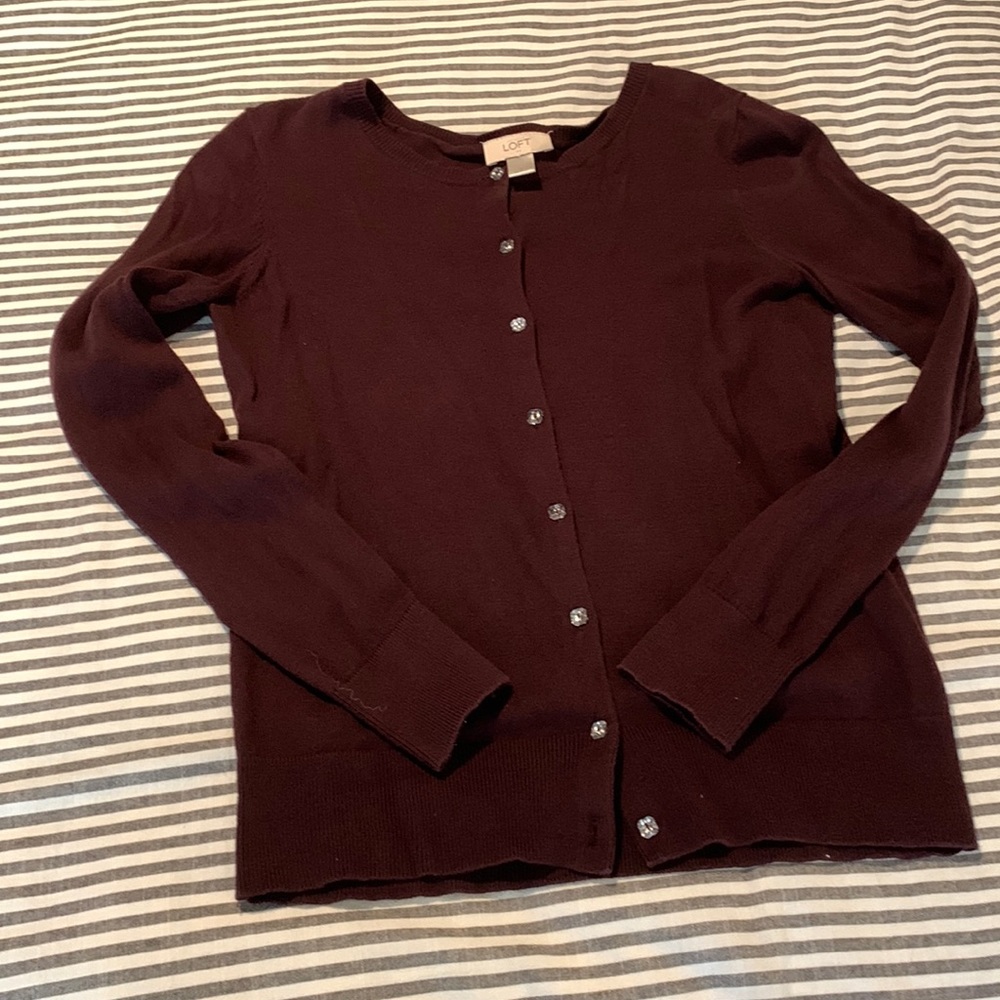 Burgundy cardigan with clear buttons